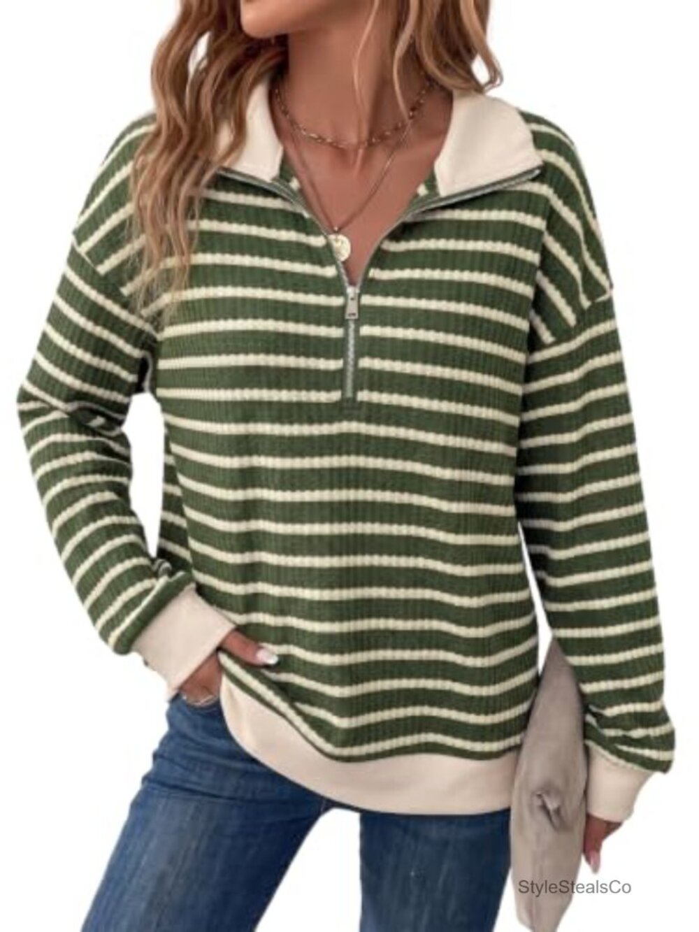Women Half Zip Waffle Knit Sweatshirt Striped Color Block Loose Pullover Top